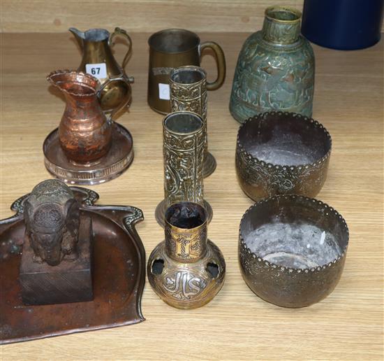 A quantity of mixed metalware and an elephant